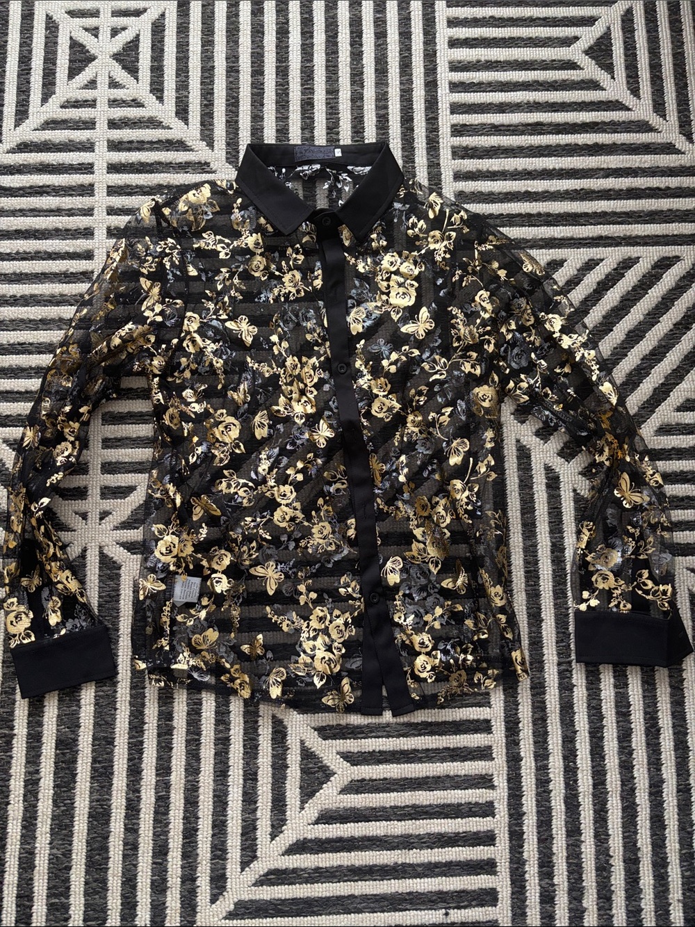 Black and Gold Floral Sheer Dress Shirt